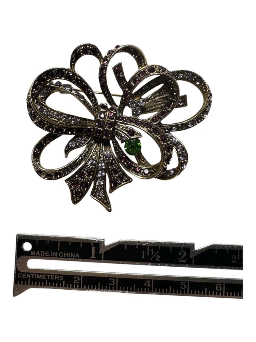 Vintage Rhinestone Bow Brooch Purple Crystal Ribbon Pin Statement Jewelry